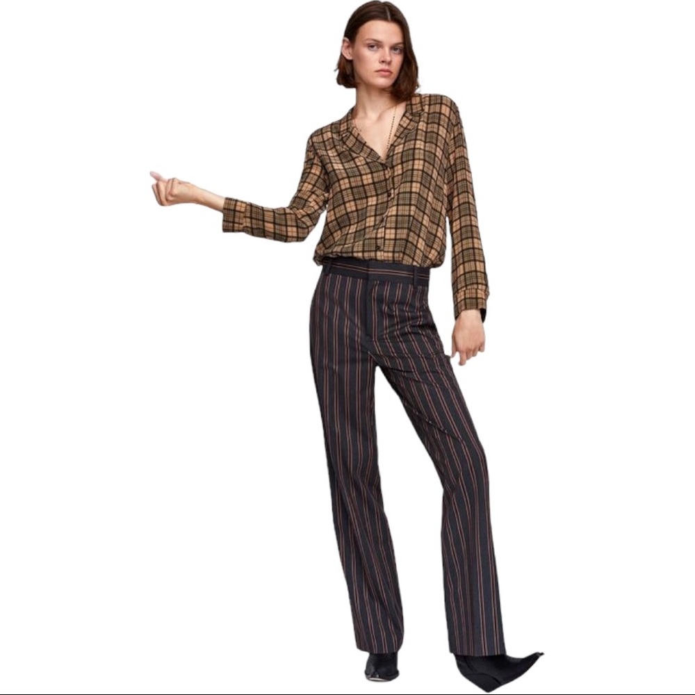 NWT ZARA High-Low Biege/Black button-down Plaid- S
